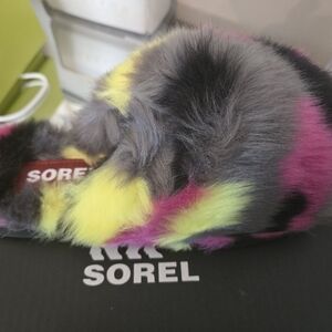 SOREL Fuzzy Slide Mule in Gray with Neon Yellow & Pink